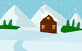 Winter wooden House Snow Forest mountains Flat Vector Royalty Free Stock Photo