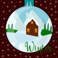 Winter wooden House Snow Forest mountains Flat Vector Royalty Free Stock Photo