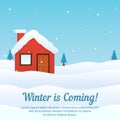 Winter coming background with snowy roof house vector illustration. Holiday greeting card, banner, poster, template