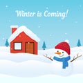 Winter coming background vector with cute dressed snowman and snowy house illustration. Holiday greeting card, banner, poster,