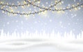 Winter is coming. Christmas, snowy night woodland landscape with falling snow, firs, light garland, snowflakes for winter and new