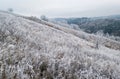 Winter coming. Cloudy and foggy morning very late autumn mountains scene. Peaceful picturesque traveling, seasonal, nature and