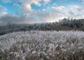 Winter coming. Cloudy and foggy morning very late autumn mountains scene. Peaceful picturesque traveling, seasonal, nature and