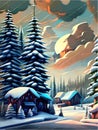 Winter is coming Snowy night with coniferous forest houses in snow light Royalty Free Stock Photo