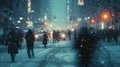 Winter Commute, People Walking Through a Snowy City Street, Blurred by Falling Snow, Wide Shot, City Lights Glowing