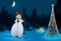 A winter composing. A scene from Lapland with snowman and Christmas tree made of LED light. Royalty Free Stock Photo