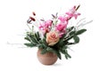 Bouquet in a brown pot - spruce branches, pink gladiolus, cream rose, dried flower spikelets and twigs covered with