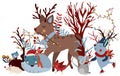 Winter composition with cute rabbit in a scarf on skates, sleeping wolf, hedgehog, funny reindeer, leaves, tree and