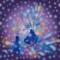 Winter composition of plants in a vase with snowflakes. Seamless pattern.