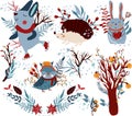 Winter compositions cute rabbit holding a heart, funny owl in a scarf, rabbit on skates, Christmas wreath and other