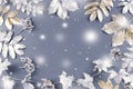 Winter concept flat lay with golden and silver leaves with snow falling. Christmas frame background Royalty Free Stock Photo