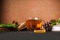 Winter concept. Tea in a transparent mug, unfolded book, yellow and red autumn leaves and spruce branches, cones and chestnuts on