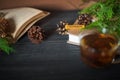 Winter concept. Tea in a transparent mug, unfolded book, yellow and red autumn leaves and spruce branches, cones and chestnuts on