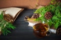 Winter concept. Tea in a transparent mug, unfolded book, yellow and red autumn leaves and spruce branches, cones and chestnuts on