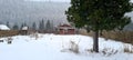 A winter contryside house. snowfall at village