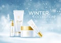 Winter cosmetics background template. Cosmetic tubes on Winter snowy landscape background. Snow dust background. Vector