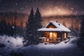 winter country cabin mountain snow twilight evening snowy lights cozy illustration Royalty Free Stock Photo