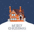 Winter country house on snowy landscape and merry christmas quote vector cartoon illustration. Forest cottage or Royalty Free Stock Photo