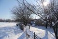 Winter in the country. Snow road and trees.The sun is shining brightly.White snow all around. Royalty Free Stock Photo