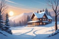 winter in the countryside cartoon illustration, winter environment illustration