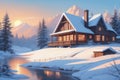 winter in the countryside cartoon illustration, winter environment illustration