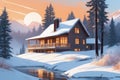 winter in the countryside cartoon illustration, winter environment illustration