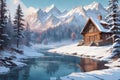 winter in the countryside cartoon illustration, winter environment illustration