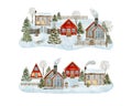 Winter countryside scene illustrations set. Hand drawn Christmas houses with snowy trees landscape isolated on white Royalty Free Stock Photo