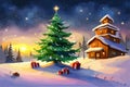 winter countryside view, Christmas fir trees with gifts, fairy tale village, snowy forest, Royalty Free Stock Photo