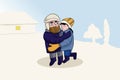 WINTER COUPLE CARTOON ILLUSTRATION IN THE MIDDLE OF THE SNOW