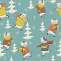 Winter cow seamless pattern. The cows are skating. Vector graphics Royalty Free Stock Photo