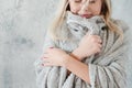 Winter coziness peaceful woman knitted blanket