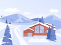 Winter cozy chalet in mountains. Ski resort landscape, christmas holidays travel and rest. Snow nature and slopes, kicky