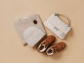 Winter cozy fashion flat lay, sweater, hat, boots, bag
