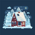 Winter Cozy House Snowy Scene in Flat Royalty Free Stock Photo