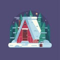 Winter Cozy House Snowy Scene in Flat Royalty Free Stock Photo