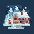 Winter Cozy House Snowy Scene in Flat Royalty Free Stock Photo