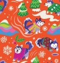 Winter cozy huskies seamless pattern. Vector illustration.