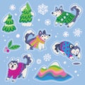 Winter cozy huskies stickers pack. Vector illustration.