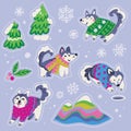 Winter cozy huskies stickers pack. Vector illustration.