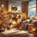 winter cozy living room with a fireplace and window with view on snowy forest and Christmas tree decoration Royalty Free Stock Photo