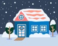 Winter cozy outdoor house and trees landscape. Merry christmas postcard hand drawn vector illustration. Cartoon flat style Royalty Free Stock Photo