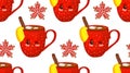 Winter cozy pattern. Hugge style. Red cups with a pattern. Snowflakes on a white background. Cinnamon and hot chocolate