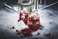 Winter Cranberry cocktail with vodka, ice, juice, rosemary and red berries. Festive long drink. Gray table background with Royalty Free Stock Photo