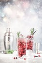 Winter Cranberry cocktail with vodka, ice, juice, rosemary and red berries. Festive long drink. Gray table background with Royalty Free Stock Photo