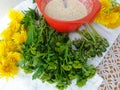 Winter cress and dandelions flowers in tempura