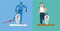 Winter cross country skiing with a dog and a summer running competition with the dog-husky. Flat cartoon illustration.