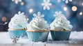 Winter cupcakes, silver and blue sprinkles, and sugar snowflakes. Generative AI