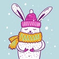 Winter cute hare portrait. Hand drawn vector illustration. Cartoon style. Royalty Free Stock Photo