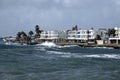 Winter in Cyprus. View from the sea to the quay in Kato Paphos on a cloudy winter day in January